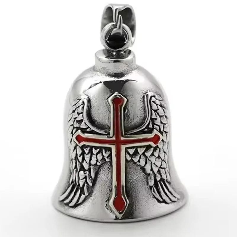 LLavero de campana de Ángel de la guarda de Metal, amuleto gótico de motocicleta para hombre, amuleto de ala cruzada roja, accesorio de jinete de la suerte malvado