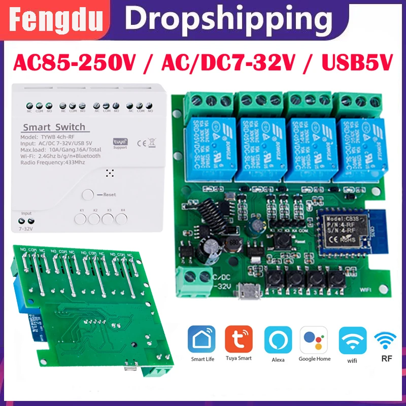 

Умный 4-Канальный Релейный модуль переключения Wi-Fi Tuya, USB, 5 В, Φ, RF433, Открыватель ворот гаража, работает с Alexa Google Home