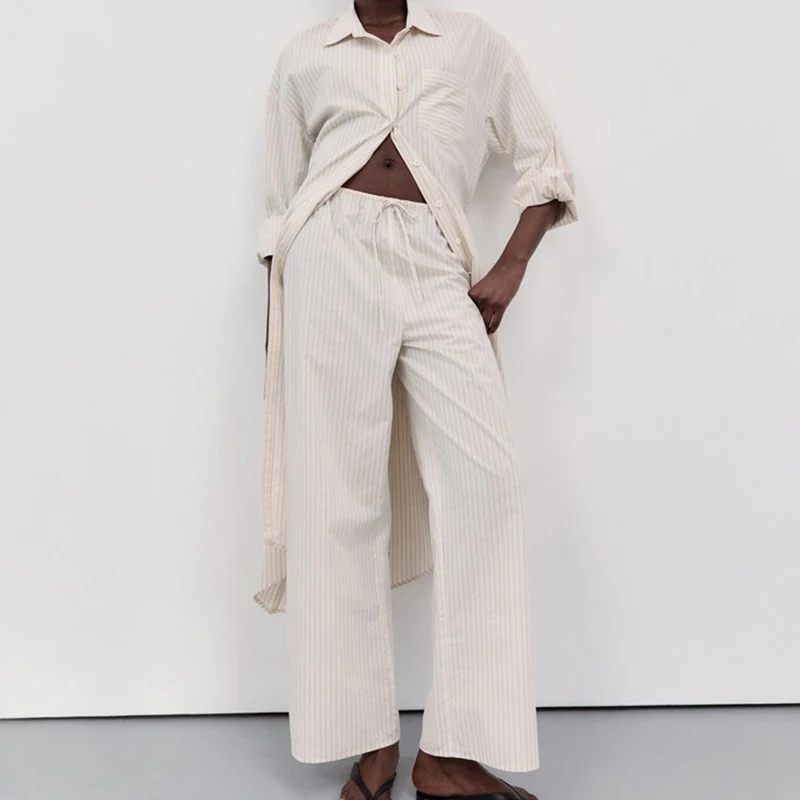 Simple Fashion Striped Print Long Top Outfit Women Sexy Single Breasted Lapel Shirt & Tie-up Pants Sets Autumn Long Sleeve Suits