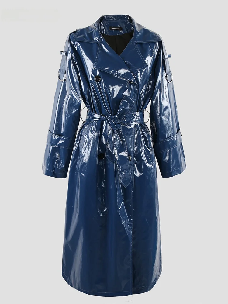 Nerazzurri Blue Soft Shiny Painted Leather Long Women's Double Breasted Casual PU Leather Jacket Coat Commute Style with Pockets