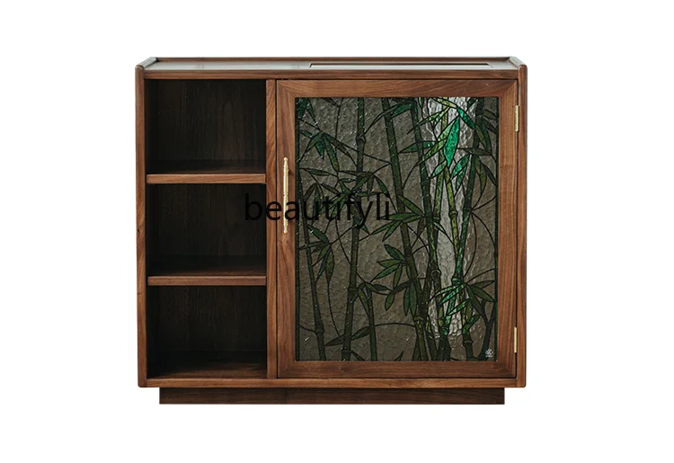 

Bamboo Shadow Tea Table Black Walnut Movable Tea Cabinet Living Room Home Solid Wood Tea Side Cabinet Vintage Sideboard Cabinet