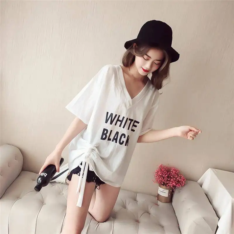 Casual Graphic Pulovers Korean Short Sleeve T Shirt Summer Backless Loose Tops Fashion Clothes Aesthetic V-Neck Women\'s T-shirt