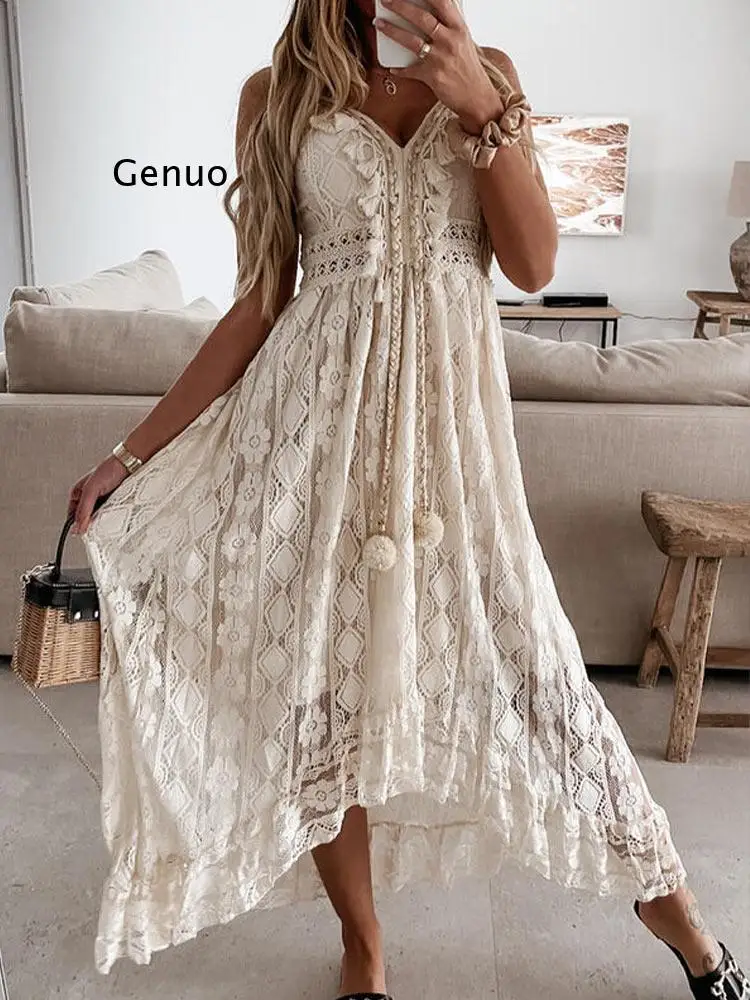 Boho Dress Women Summer Maxi Dress Lady Off Shoulder Holiday Lace V Neck Spaghetti Strap Sundress White Dress Vestidos De Mujer