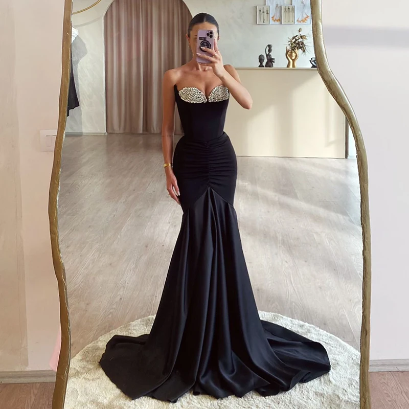 

Thinyfull Black Mermaid Prom Evening Dresses Saudi Arabia Beadings Satin Party Dress Women Night Cocktail Prom Gowns Custom Size