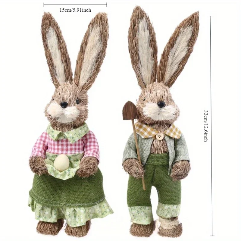 

13" Easter Bunny Rattan Decor, Artificial Bunny Figurines for Home, Car, Mall, Garden Display Festive Holiday Decorations (2Pcs)