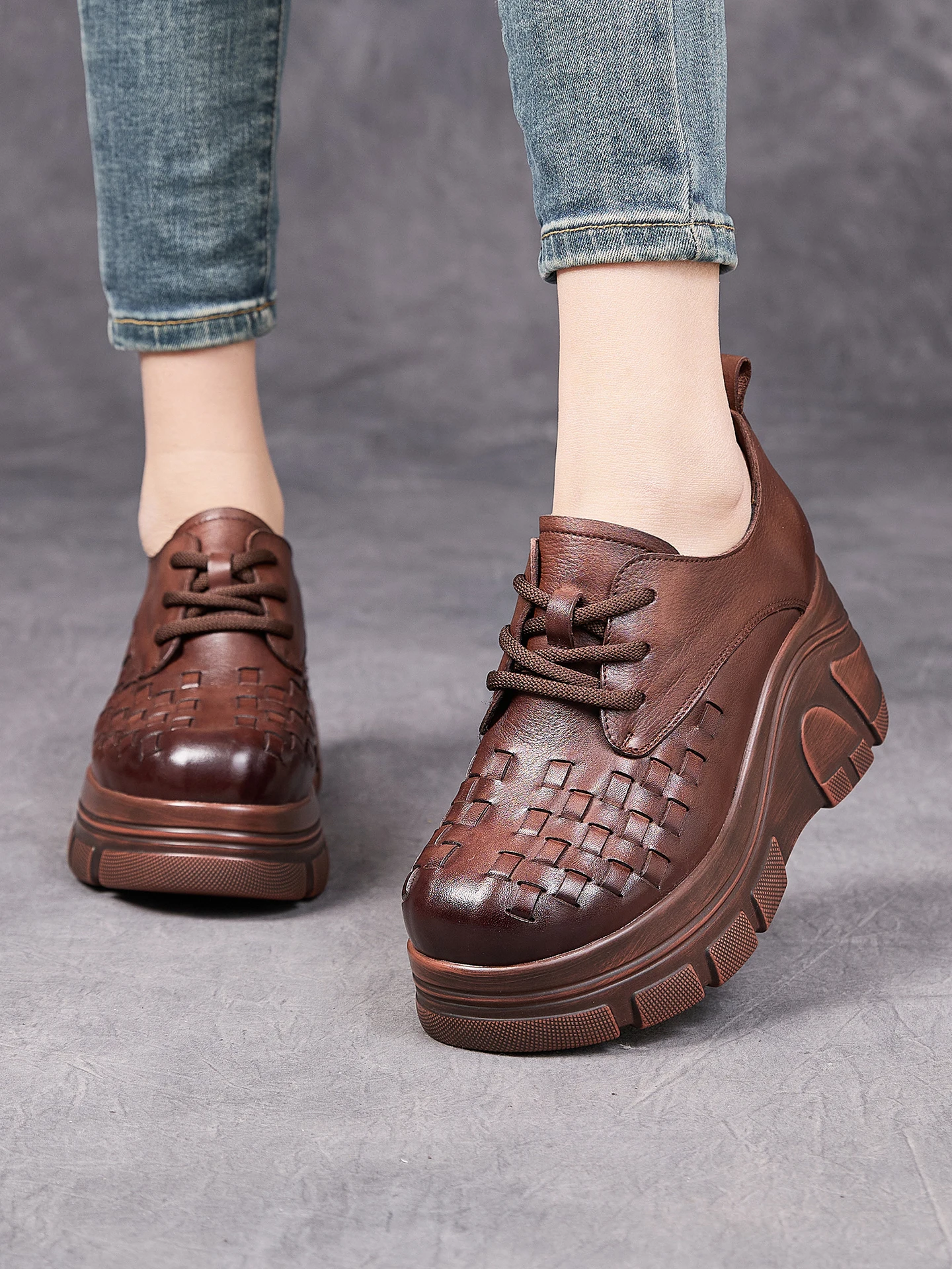 

Женские туфли Birkuir на танкетке в стиле ретро, на шнуровке, плетеные, весна 2026, из натуральной кожи, на толстом каблуке 7 см, роскошные туфли из натуральной кожи