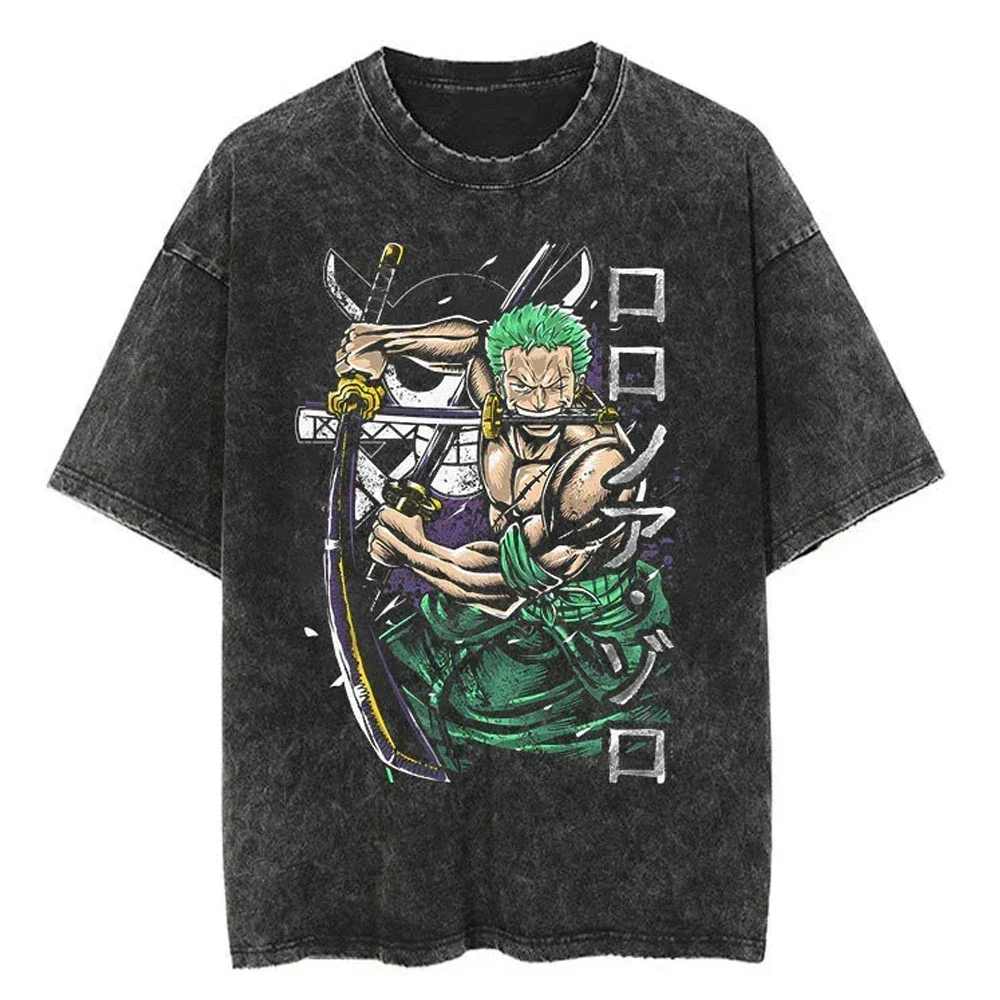 

One Piece Luffy Men T-shirt Casual Oversized Washed Harajuku Washed Cotton Japanese Anime Graphic Loose Streetwear Black Tops