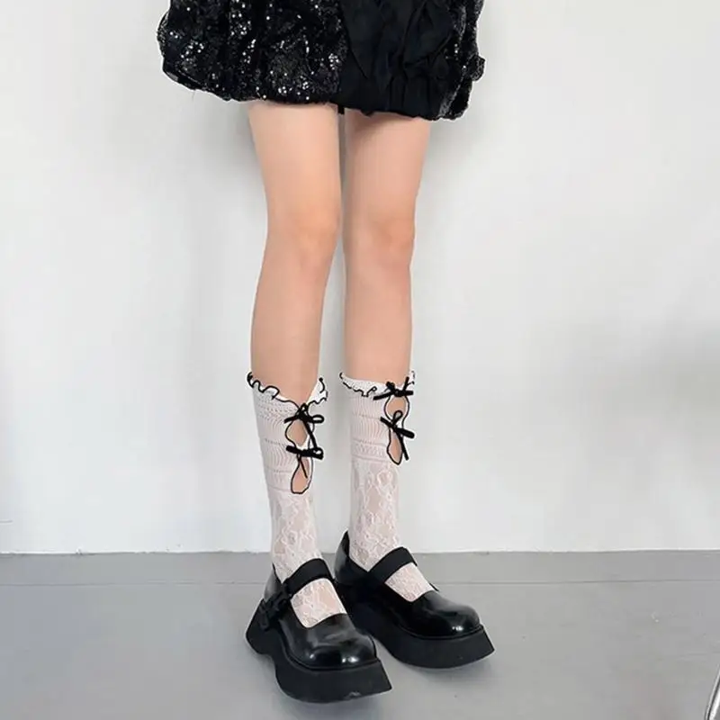 

195E японские кружевные носки до середины икры с бантом, полые носки, ворсовые носки на весну и лето