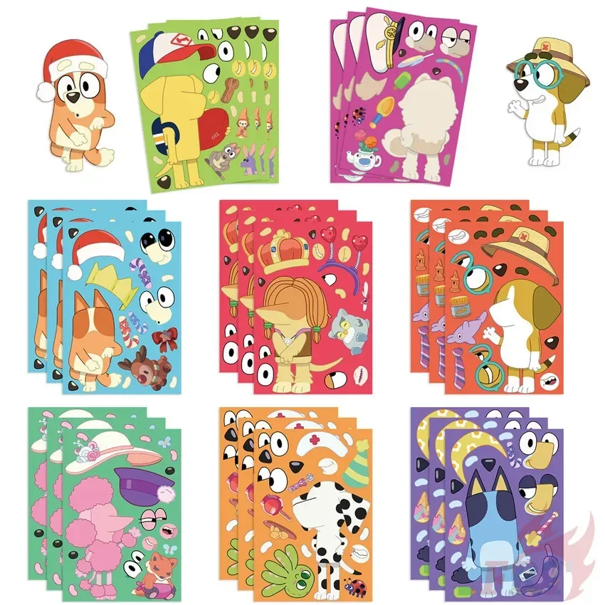 8/16 fogli Cartoon B-Bluey Stickers Bingo Dog Anime decalcomanie crea un viso adesivi decorazione fai da te bambini Puzzle giocattoli educativi