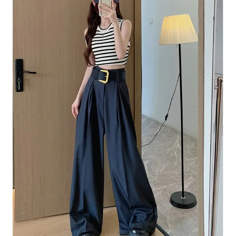 팝 여성 와이드 레그 수트 팬츠 2025년 봄 캐주얼 루즈 드레이피 트렌디 하이웨이스트 슬리밍 플로어 기장 트라우저