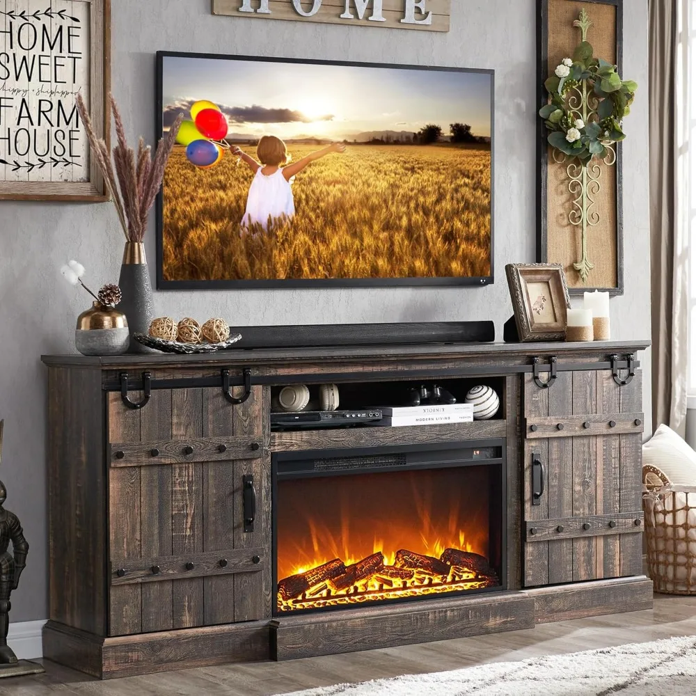 

70" Fireplace TV Stand for 75 80 Inch TV, Farmhouse Highboy Entertainment Center with 30" Electric Fireplace &Sliding Barn Door
