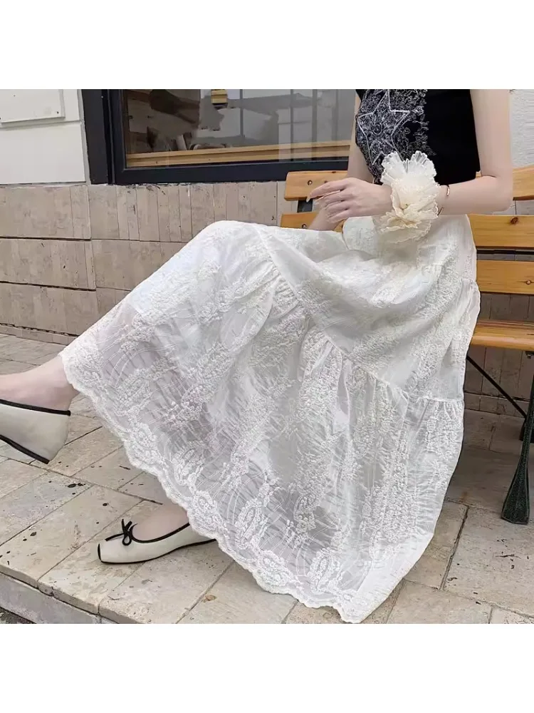 plus Size Women's High Waist Midi Skirt Lace Embroidered Net A-Line Summer Slimming Skirts Casual Shape Pear Shape 3