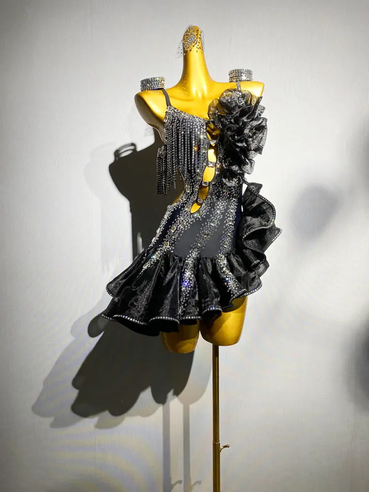 Latin Dance Competition Dress Women's High-end Customized Black Gold Fishbone Mesh Skirt, Samba Performance Rhinestone Dress