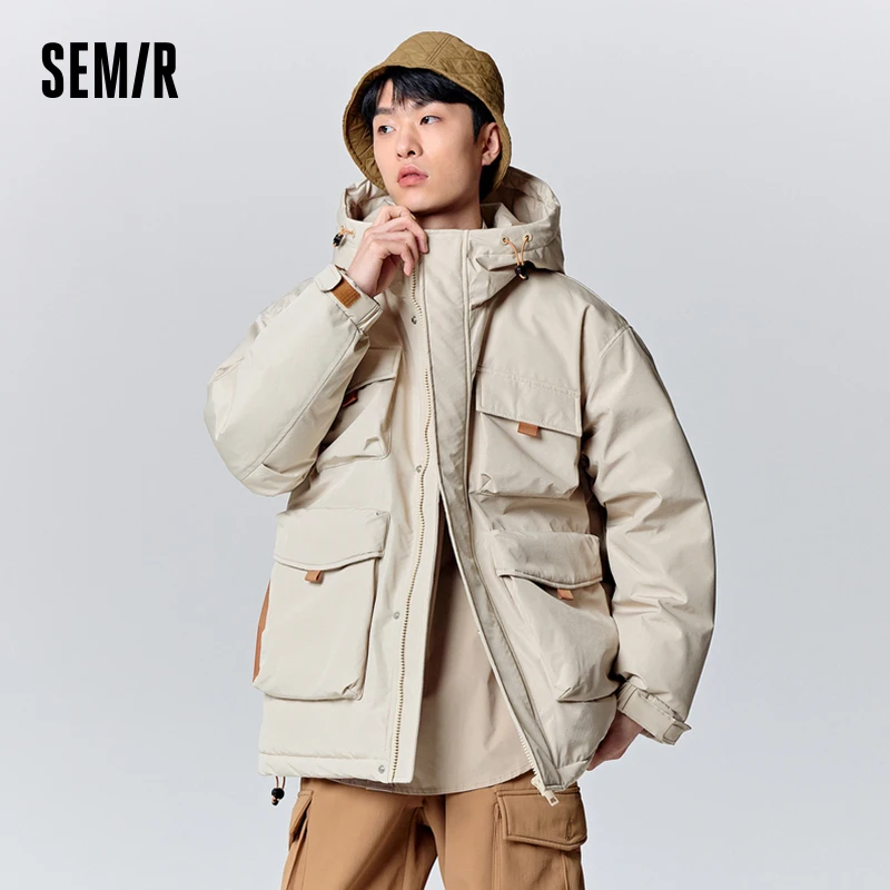 Semir Down Jacket Men 2023 Winter New Casual Multi-Pocket Workwear Style Fashionable Thin Loose Hooded Jacket