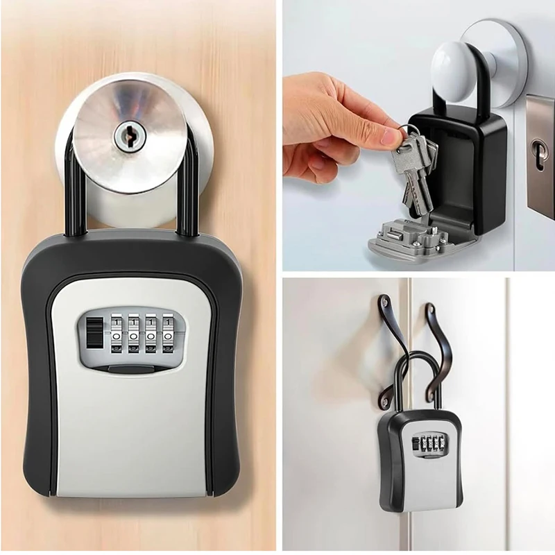 4 Digit Code Box Free Installation Outdoor Password Key Box Extended Locking Hook Steel Wire Hanging Key Storage Waterproof Key