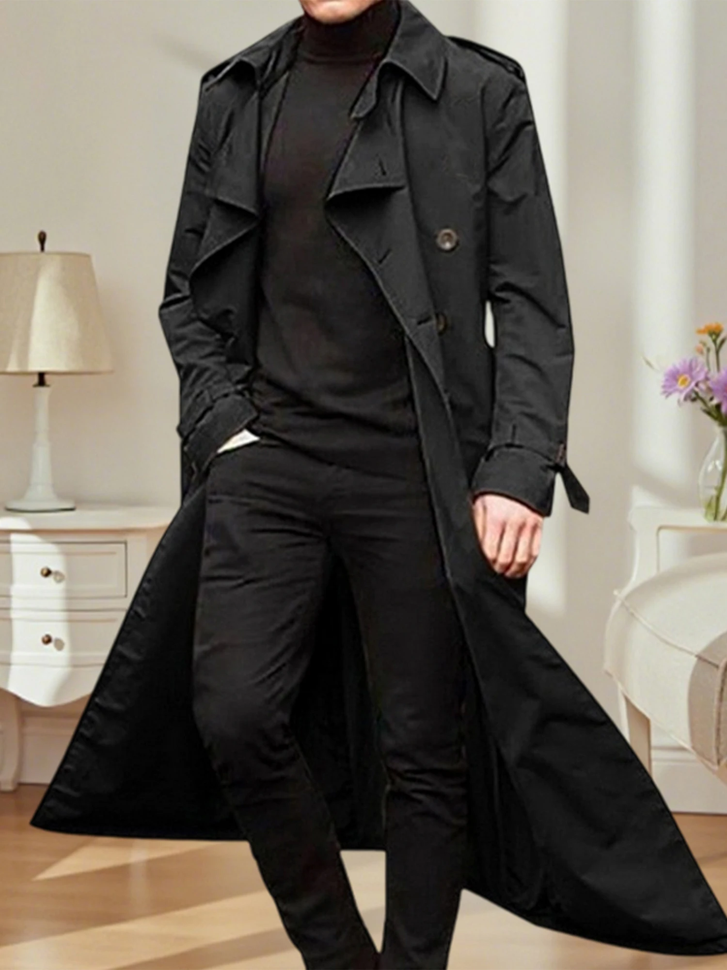 

Мужской классический шерстяной плащ со съемным поясом и зубчатым воротником с лацканами, теплое зимнее пальто, куртка