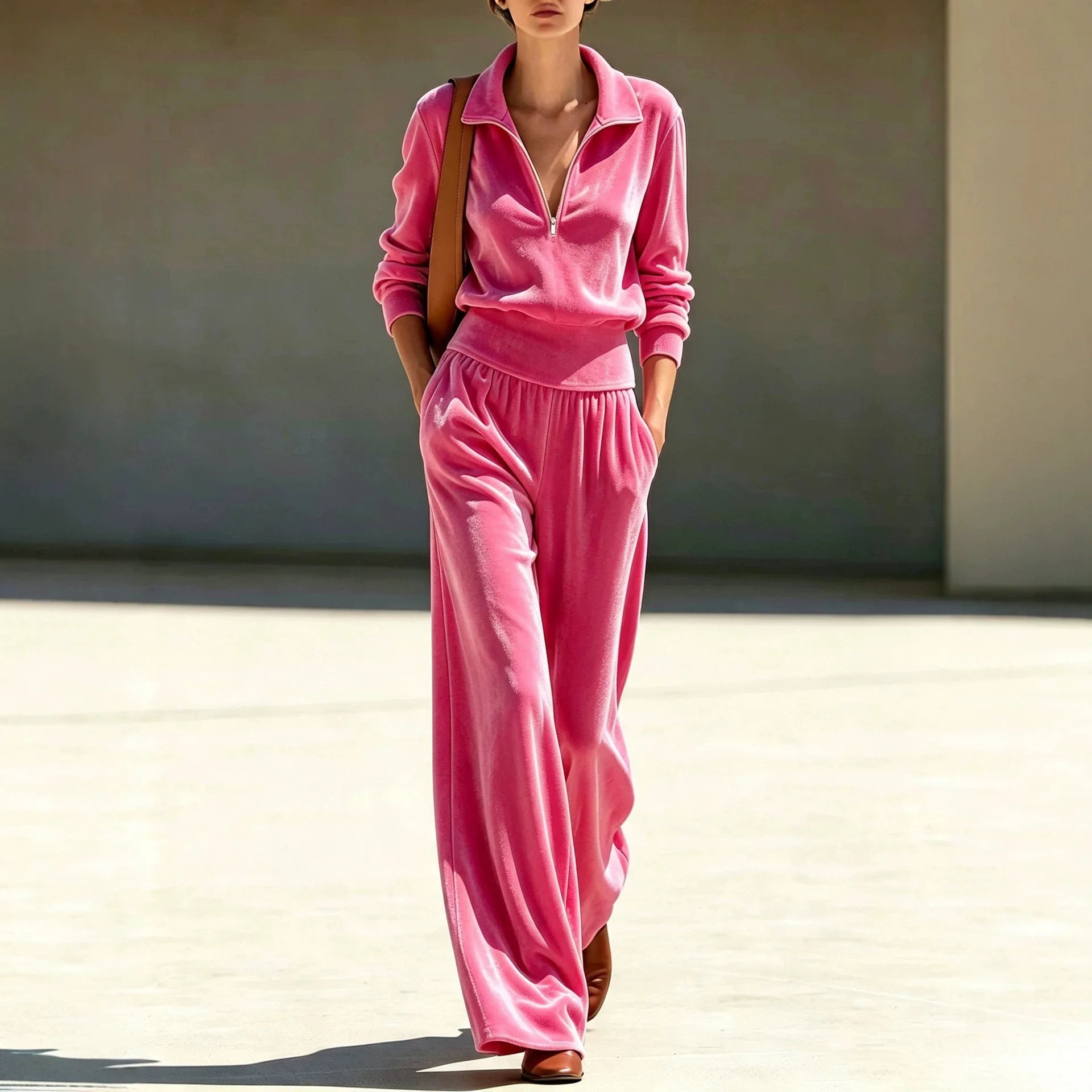 Autumn and winter new retro simple semi-zipper solid color pullover top and wide-leg pants suit for women