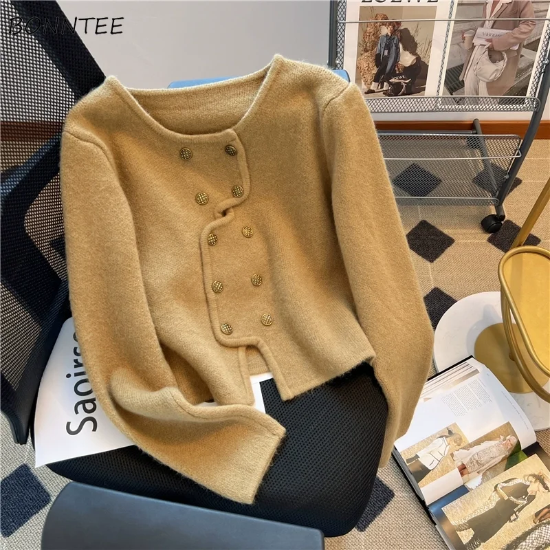 

Elegant Knitted Cardigans Women Cropped Double Breasted Корейская Мода Свитер Женский Streetwear Tender Fashion Autumn Winter