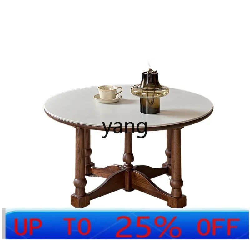 LH  French retro rock slab solid wood round coffee table living room home antique tea table multi-functional tea table