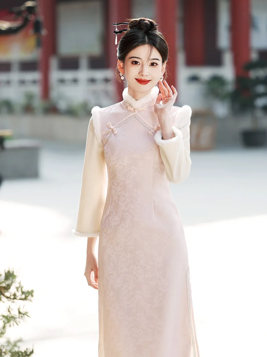 Cheongsam rosa novo outono e inverno novo estilo chinês feminino