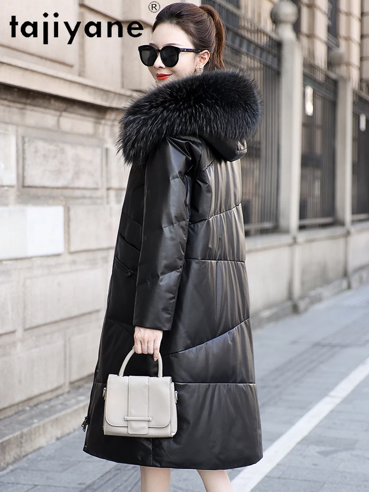 TAJIYANE 100 % Rindsleder-Gänsedaunenmantel für Damen, Waschbärpelzkragen, Pufferjacke, echte Lederjacken, 2025, Damenbekleidung,ariiitut