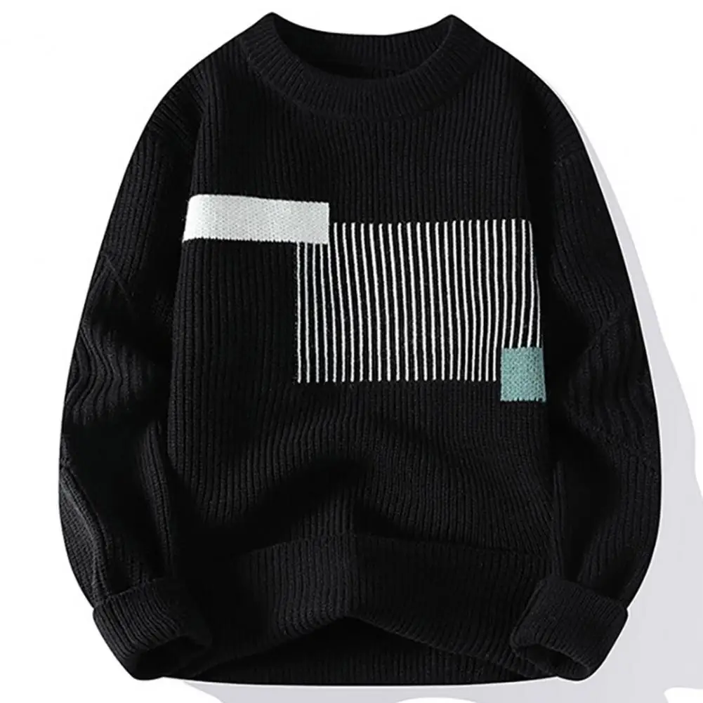 Men Crew Neck Sweater Long Sleeve Patchwork Sweater Men's Thick Knitted Colorblock Sweater for Autumn Winter Round for Daily