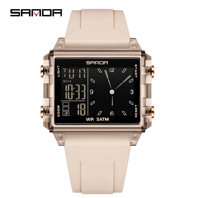 SANDA 6273 Electronic Watches for Man Square Transparent Case Alarm Clock Multifunction Waterproof Sports Students Digital Watch