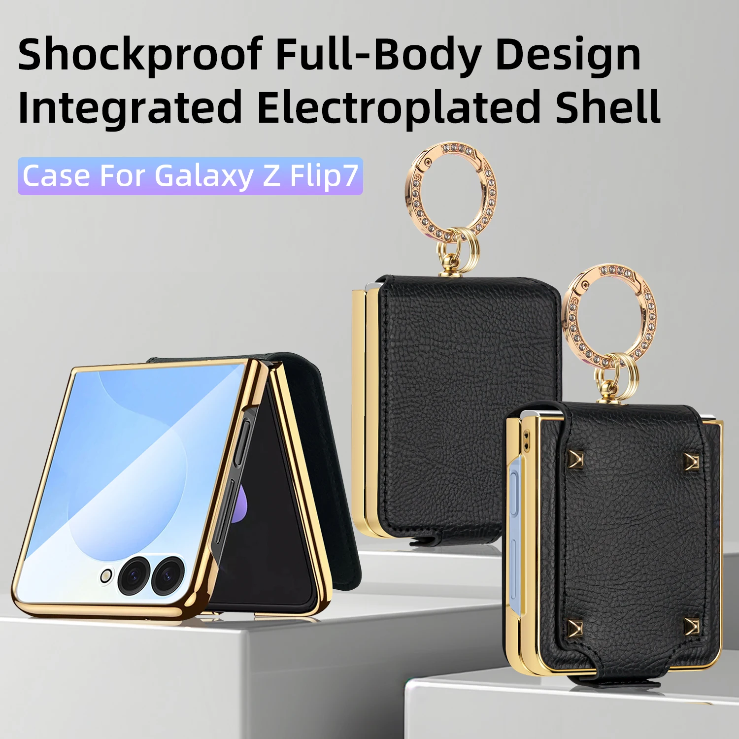 VIETAO Z Flip 7 Hülle mit Fingerring, plattierte PU-Leder-Handyhülle für Galaxy Z Flip7 Flip6 Flip5 Flip4 Flip3 mit Bildschirmfolie