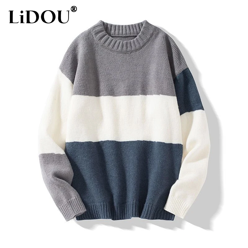 

Autumn Winter New Round Neck Long Sleeve Fashion Sweater Man High Street Contrast Color Striped Patchwork Loose All-match Tops