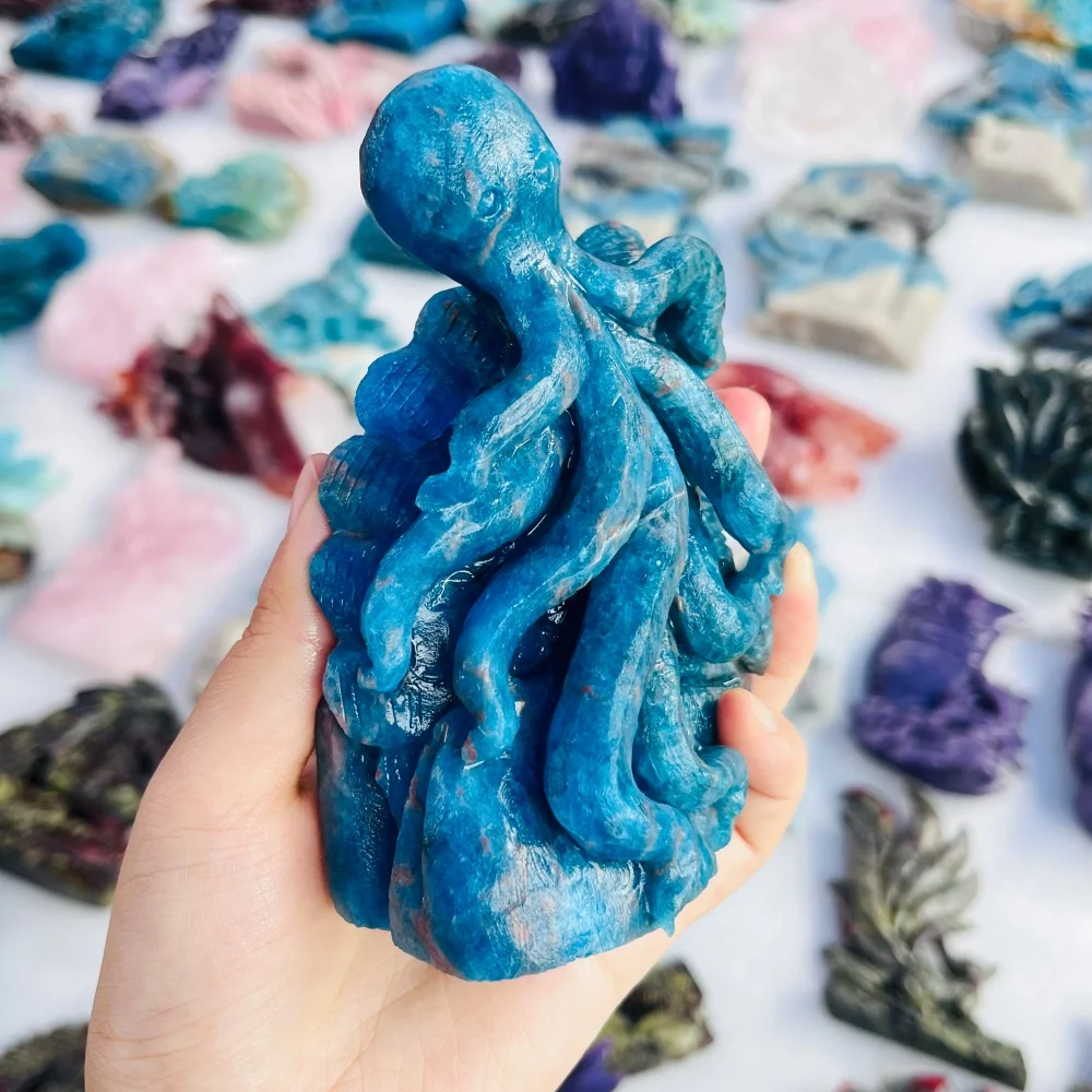 Natural Blue Apatite Octopus Carving Crystal Sea Animal Figurine Healing Stone Desktop Ornament Home Decoration