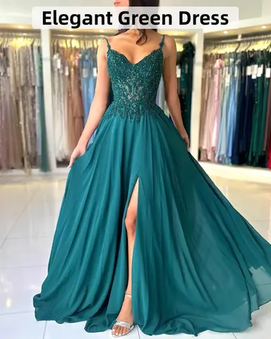 Robe de soirée en mousseline de soie verte pour femmes, élégante, bretelles appliquées, décolleté en v profond, dos nu, longue robe de bal formelle, robe de concours