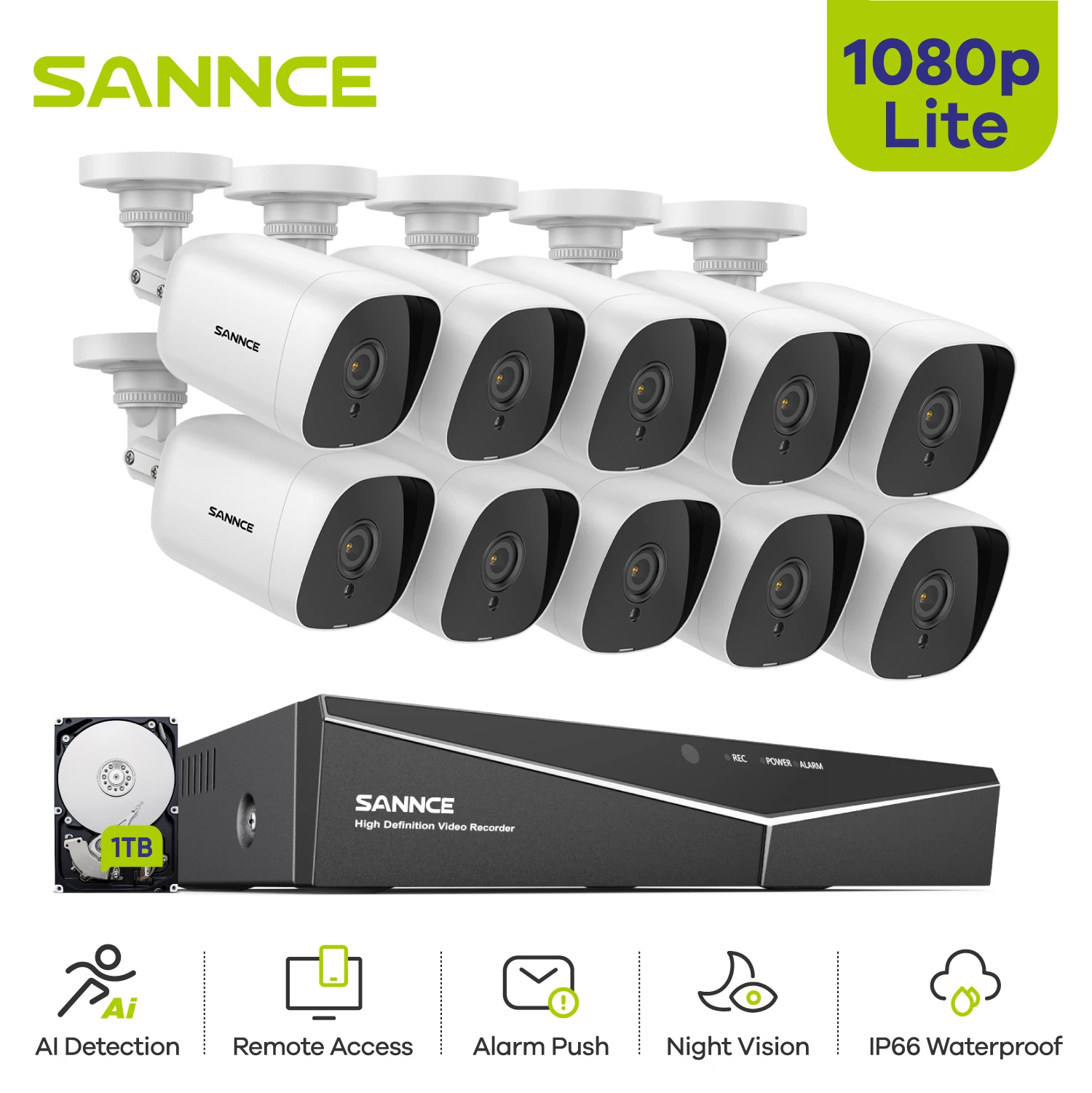 SANNCE 16CH CCTV Surveillance Kit Outdoor 1080P IR Night Vision Waterproof H.264+ Video Security Camera System Remote Monitor