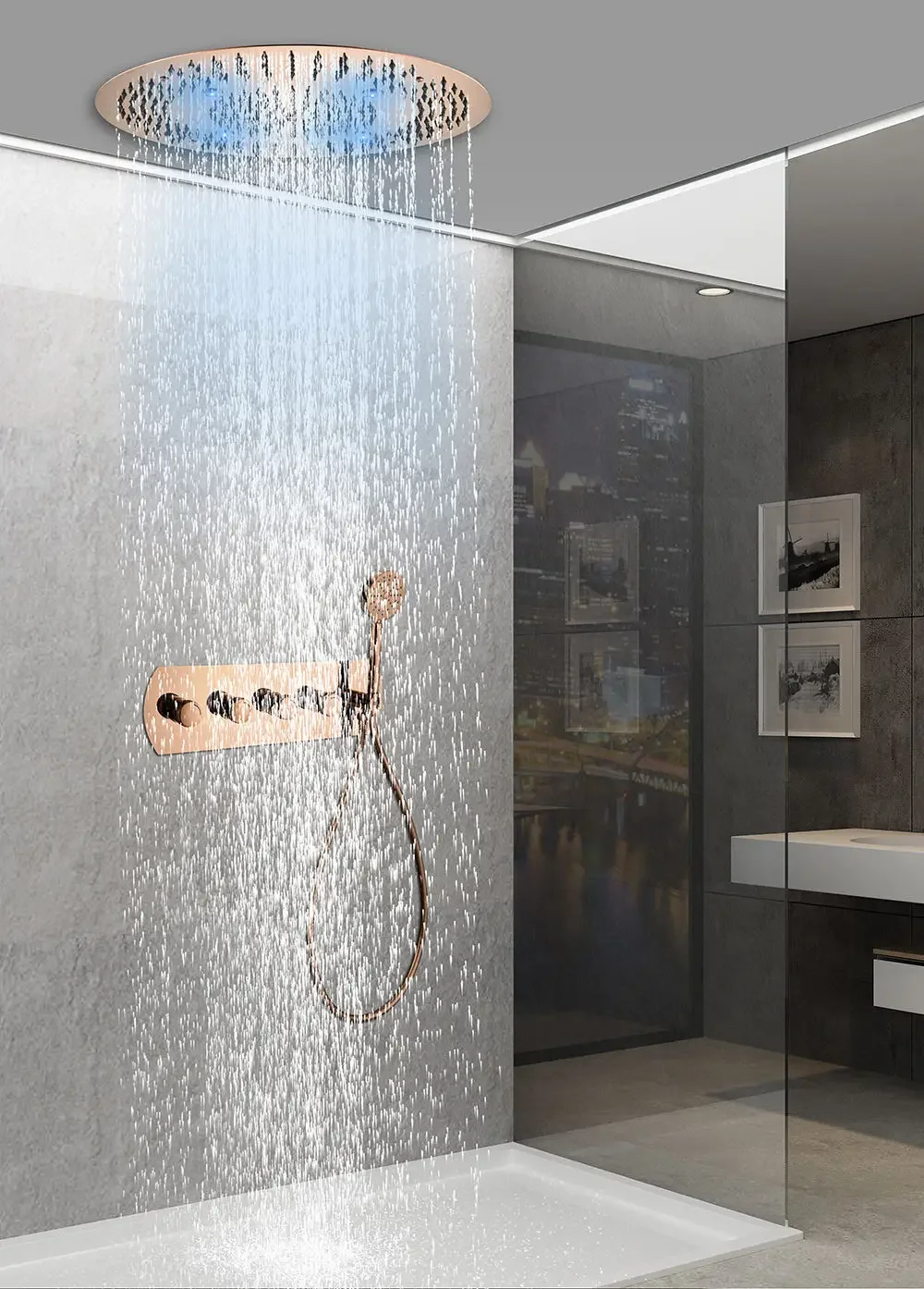 Rose Gold 600mm Round Canopy Concealed Shower System, Thermostatic Switch, Rainfall Function, Made of Solid Copper led light