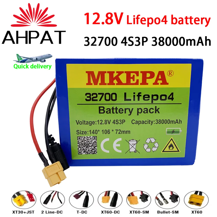 12.8V 38A Lifepo4 battery pack 4S3P 32700 built-in 40A same port charge and discharge balance BMS 12V power supply