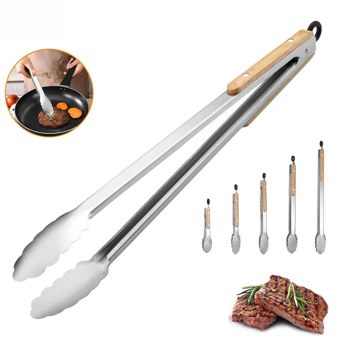 Stainless Steel Cooking Tong with Oak Handle, Barbecue Tong Salad Tong with Locking Ring, Kitchen Gadget for Salad Grilling BBQ