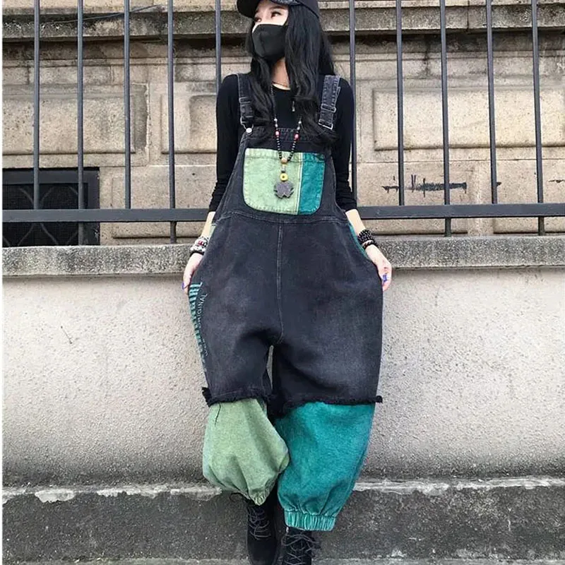 European Street Style Jumpsuits 2022 Summer Ladies Contrasting Colors Splice Denim Overalls Women Vintage Loose Jeans Rompers