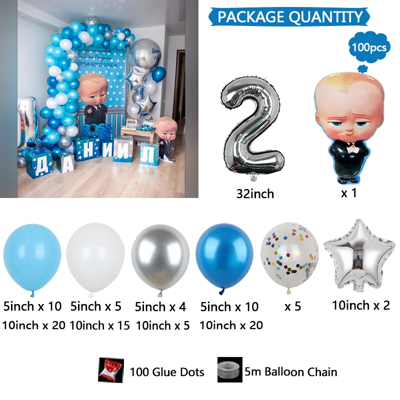 Set di palloncini per baby shower in lattice colorato digitale argento boss baby calvo da 100 pezzi, vacanze, compleanni, forniture per feste di matrimonio