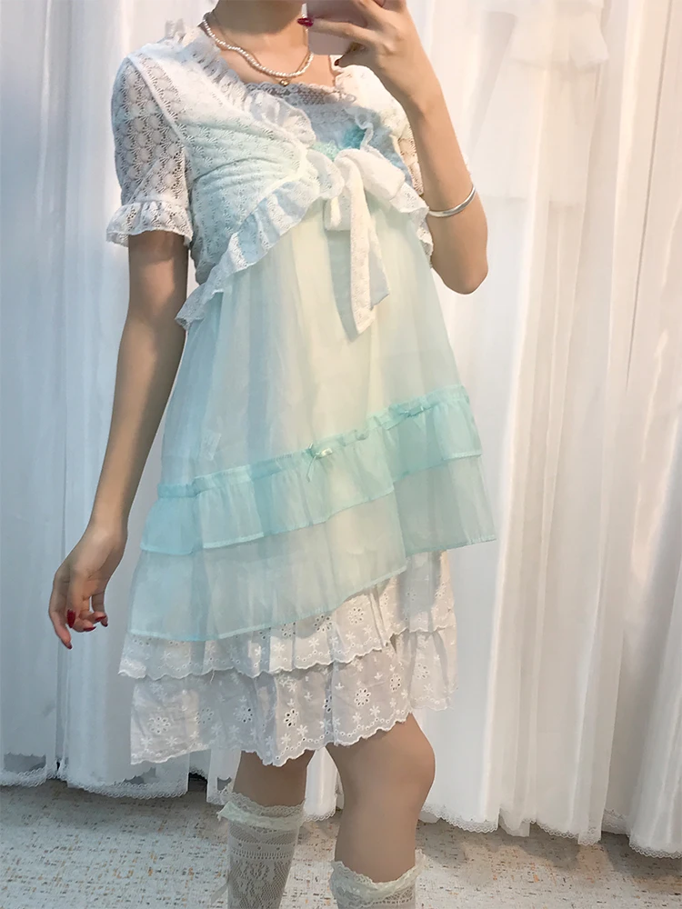 Retro Japanese Sle Lace Set Cute Summer Fre Small Size Women's Clothing Two-Piece Suit Polyester Fiber Casual Dres