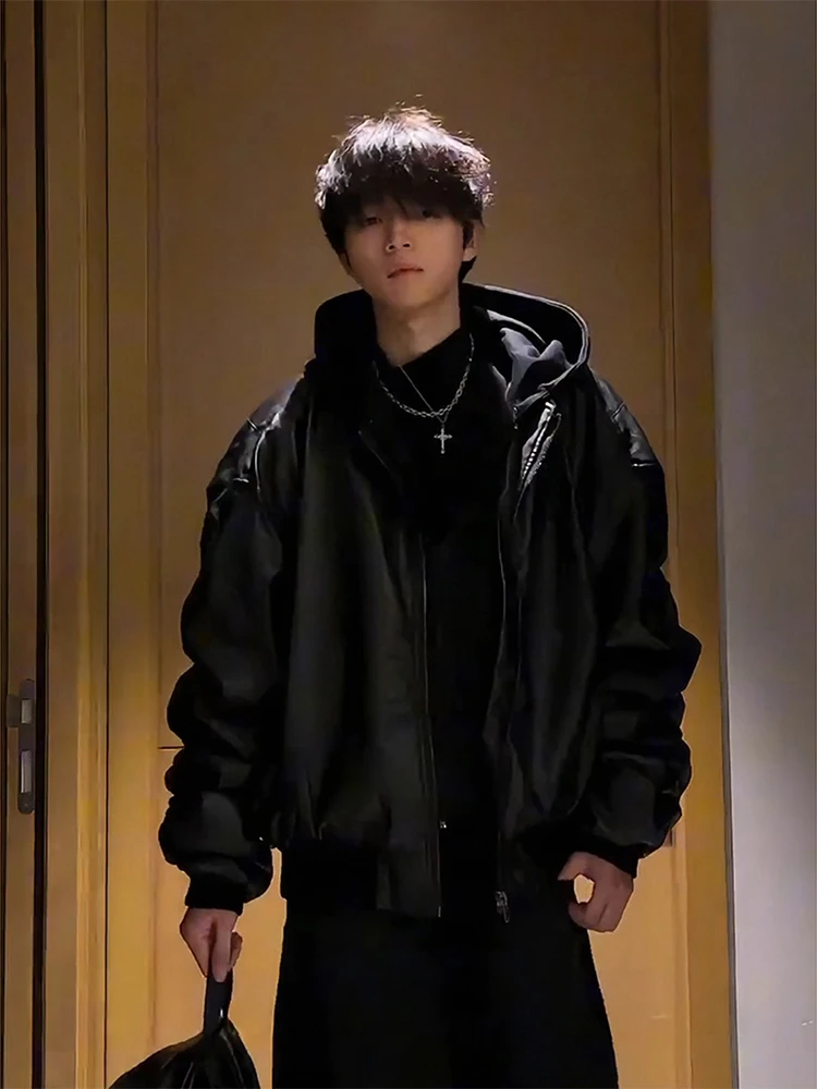 

Мужская зимняя куртка из искусственной кожи в американском стиле, утепленная, с капюшоном, имитация двухслойности, повседневная, теплая, с длинными рукавами