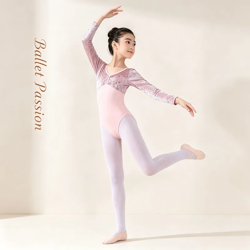 Ballet Dance Gymnastics Leotard Set Sakura Pink & Pink Velvet Splice Dancewear Training Exam Practice Stage Performance Costume