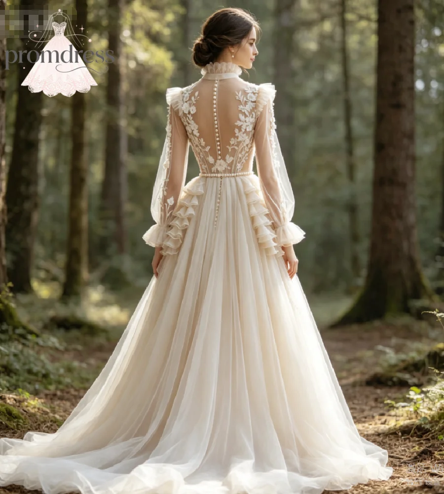 Ethereal Cottagecore Forest Wedding Dress High Neck Bishop Sleeve 3D Florals Lace Bohemian Bridal Gowns Fairy Light Champagne