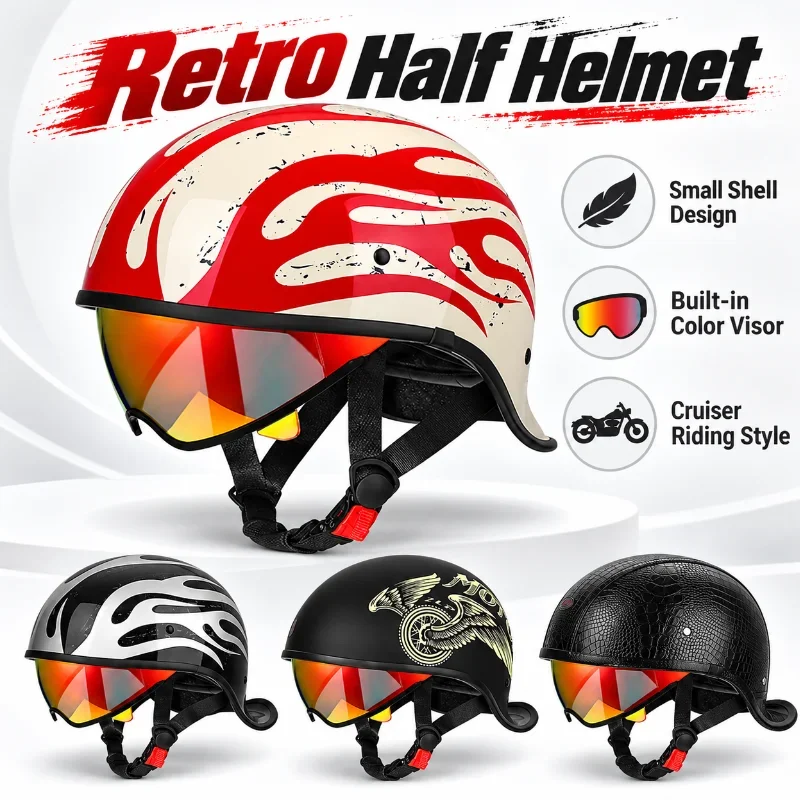 Small Shell Half Motorcycle Helmet for Men Women Retro Cruiser Scooter E-bike Riding Helmet with Color Visor