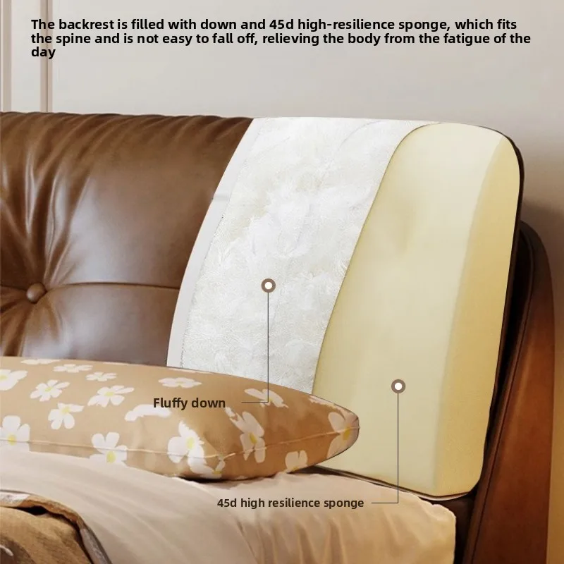 French retro double bed brown leather vintage comfortable bed frame light luxury household schlafzimmer möbel bedroom furniture