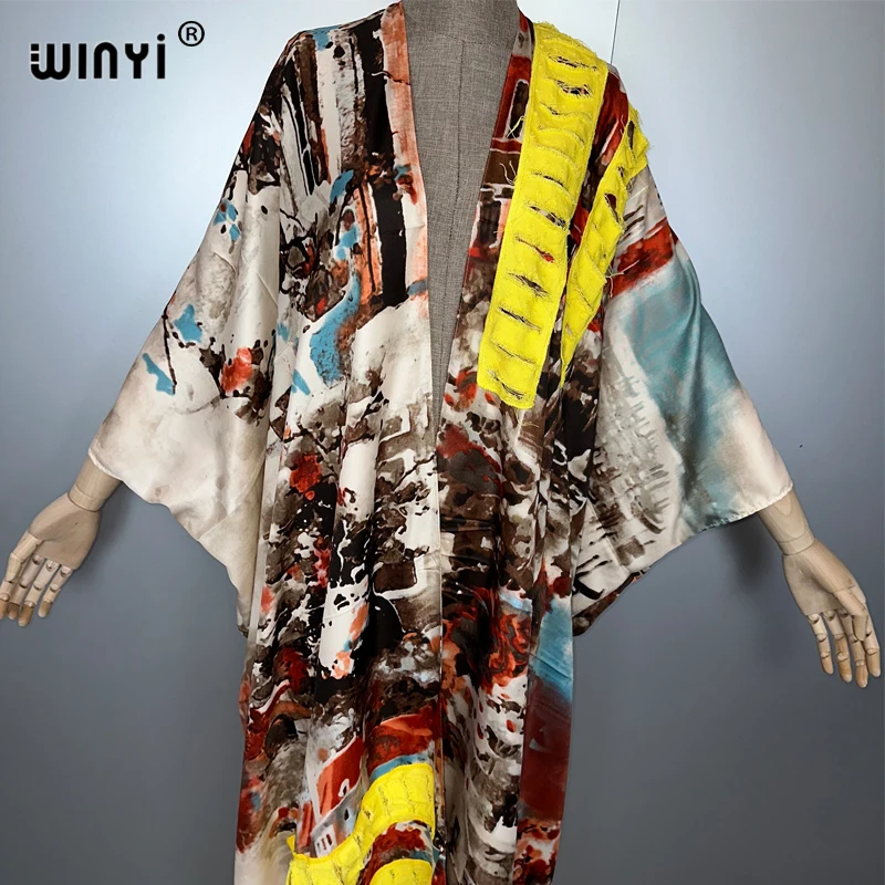 WINYI summer printed Women Cardigan Long Dress elegant Boho loose beach Cover Up Kimonos abaya dubai luxury muslim coat