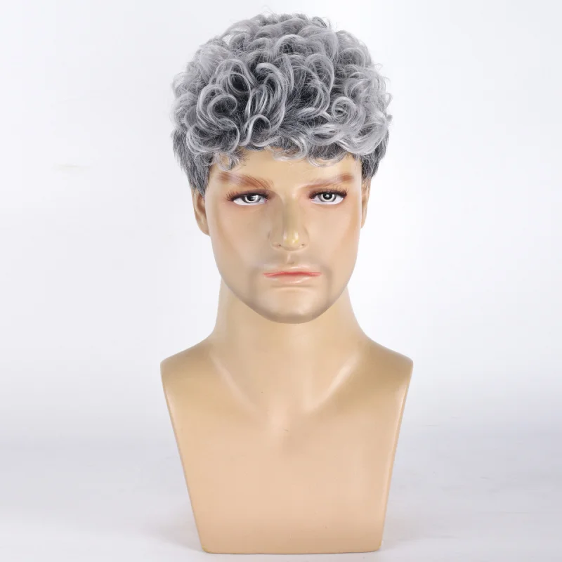 European and American men's short curly hairstyle, gray-white gradient new fluffy high-temperature synthetic fiber wig