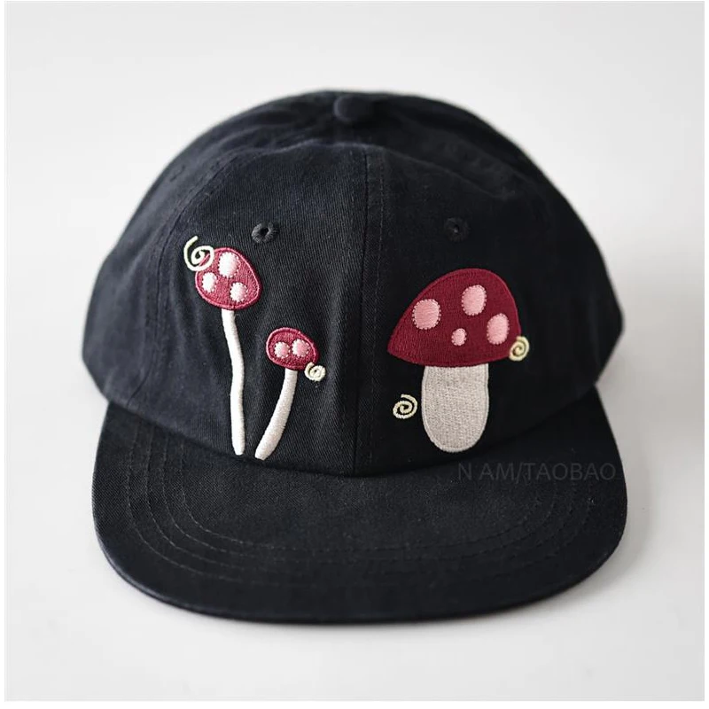 

flat brim Unstructured baseball cap unisex washed cotton vintage dad hats cute large mushroom embroidered caps for women Casual
