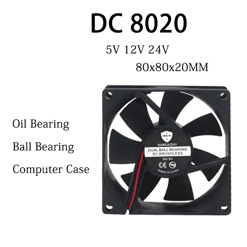 

NEW DC 8020 Fan 5V 12V 24V 80x80x20MM Oil Bearing Refrigerator fan Compressor fan 4800RPM 0.2A with 2pin