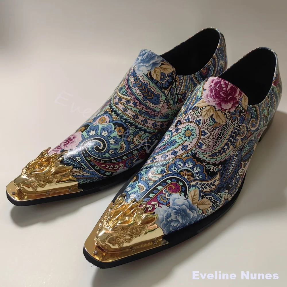 Men Floral Paisley Print Dress Loafers Golden Dragon Metal Cap Pointed Toe Slip On Shoes Luxury Party Wedding Formal Footwear