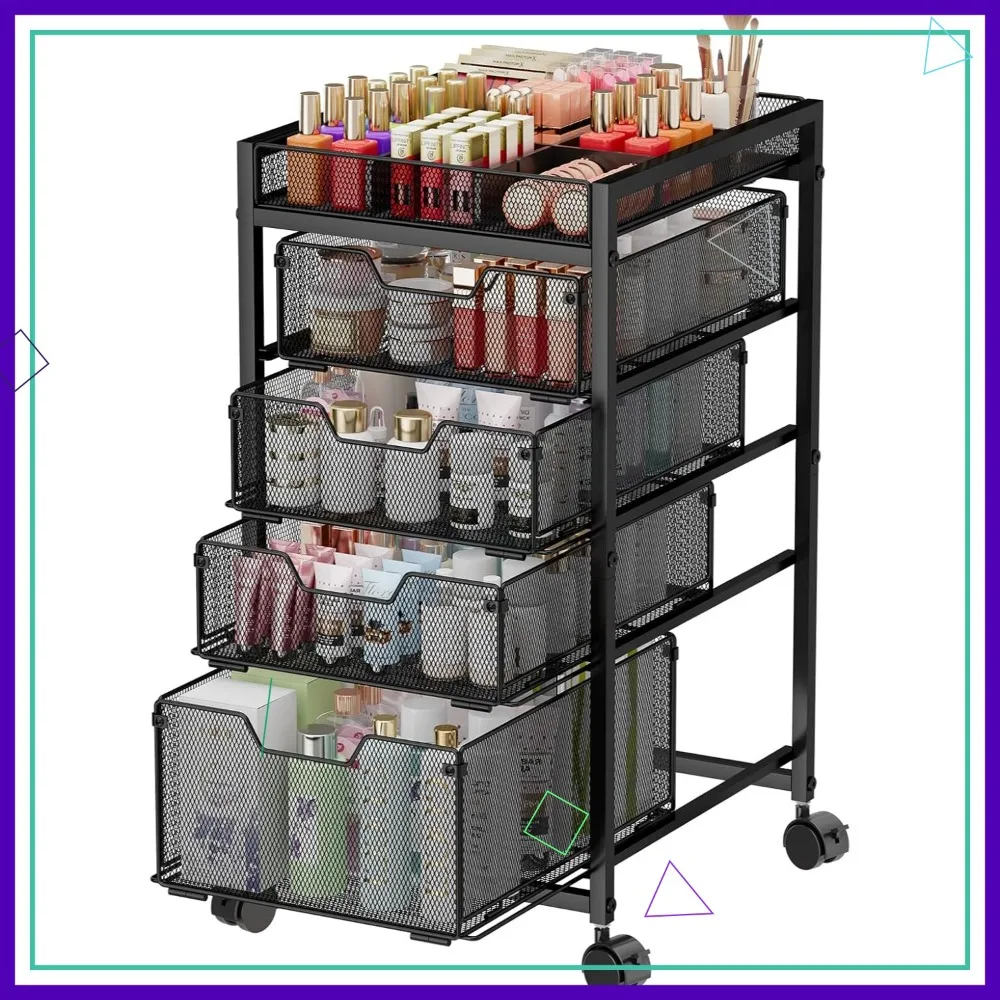 

5-Tier Rolling Makeup Cart Organizer with 4 Drawers, Cosmetics Display with Dividers, Floor Skincare Storage on Wheels, Black