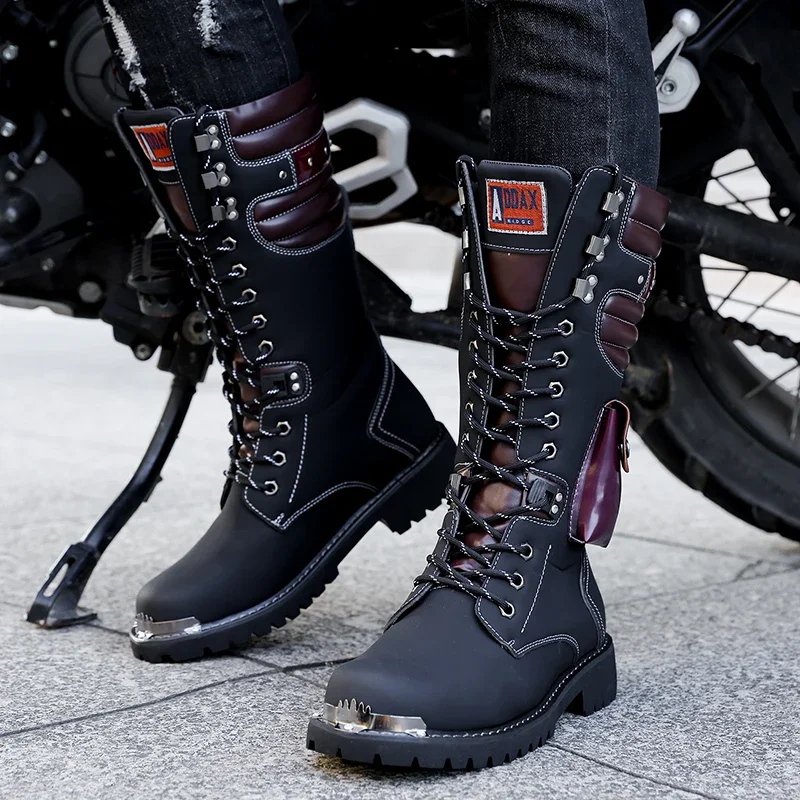 Fashion Punk Motorcycle Boots Men Boots Winter High Heel Casual Lace-up Leather High Black Biker Solid Boot Military Men Shoes